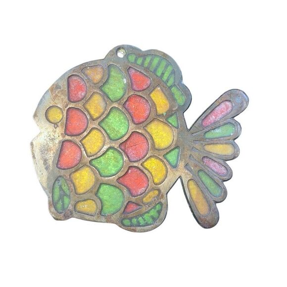 vintage mid century Taiwan stained glass and brass metal trivet fish - Picture 7 of 7